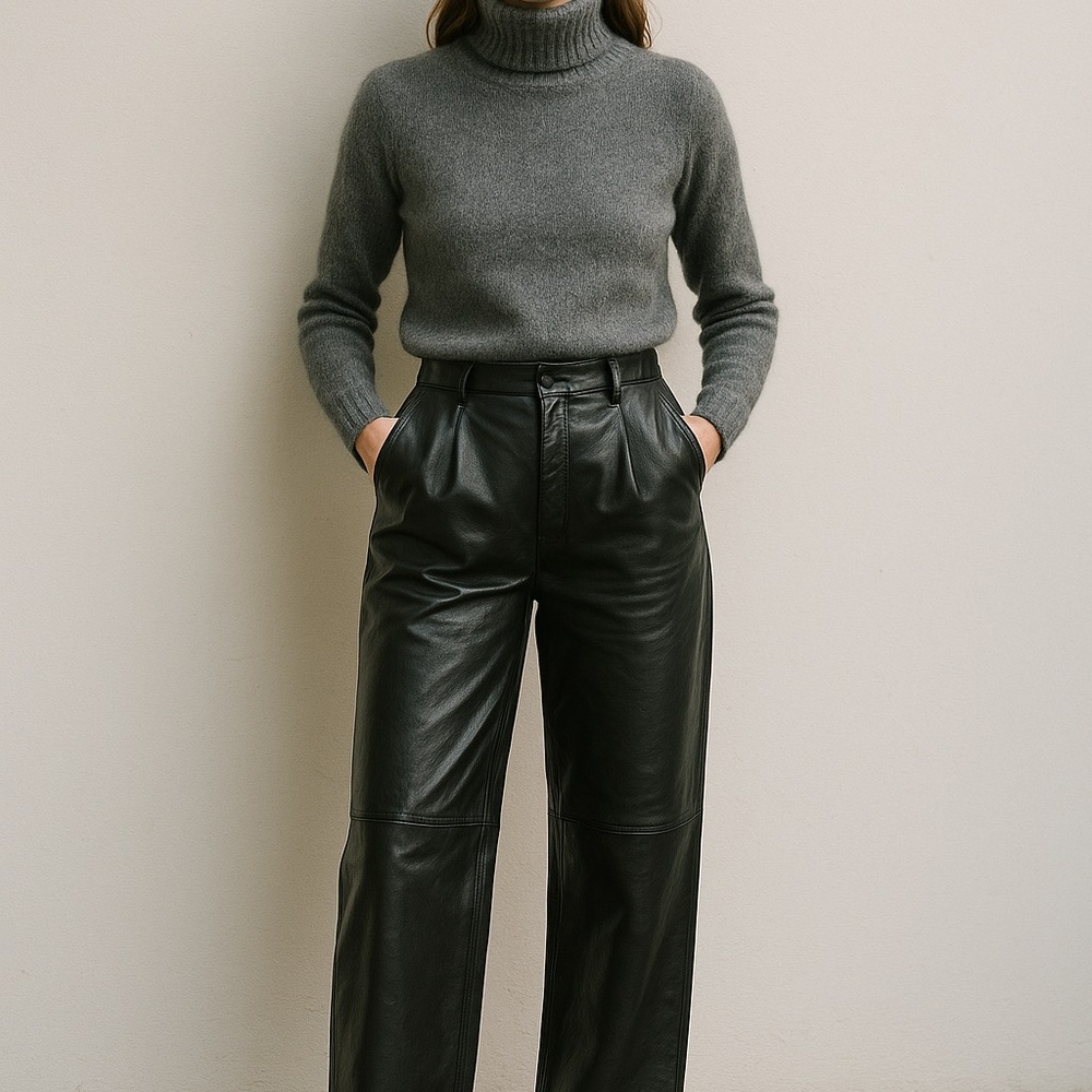 VINTAGE 100% Genuine Leather Black Pleated trousers